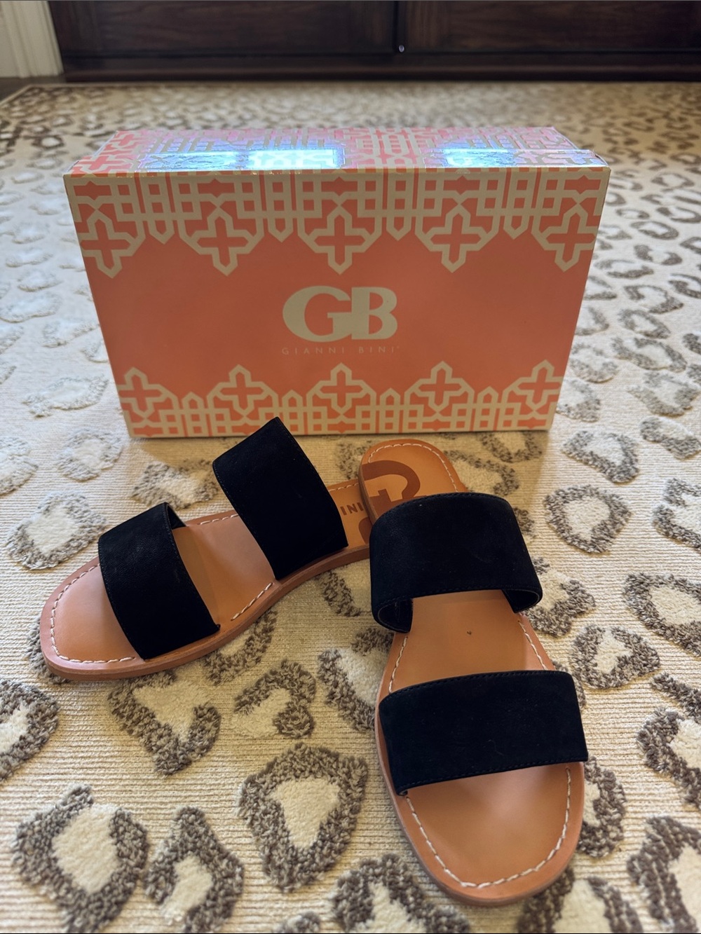 GB Gianna Bini Black Suede Double Strap Slide Sandals